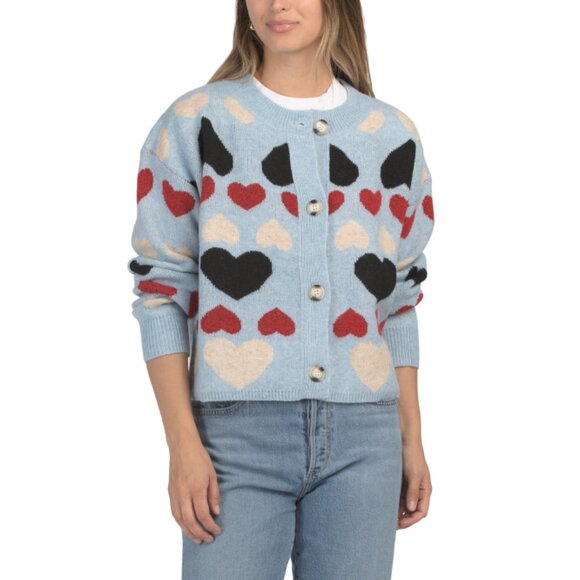 ENGLISH FACTORY Blue Multi Wool Blend Crew Neck Heart Cardigan - Picture 1 of 2